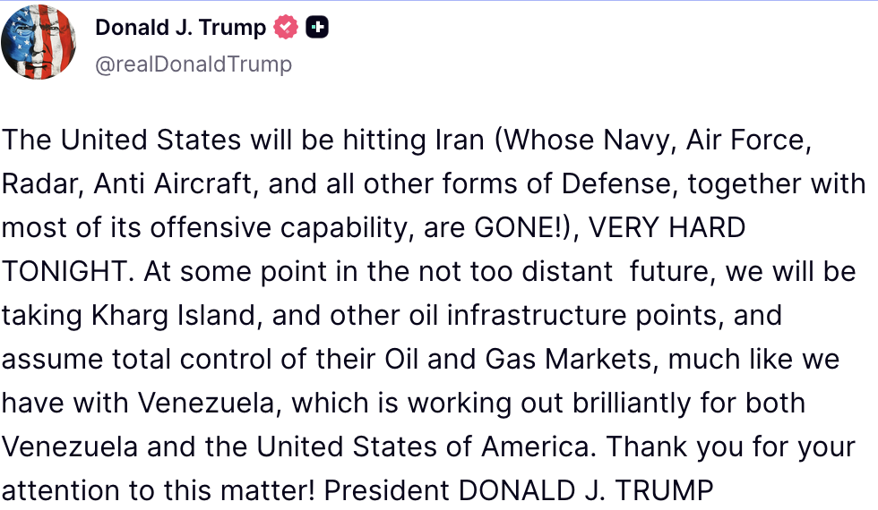 Iran War: Trump Again Whiplashes, Threatens Sustained Bombing, Capture of Kharg Island, Then Touts Plan to Sign Not-Finalized Iran Memo; More on Oil and Metals Squeeze, Plus SpaceX, AI Tidbits